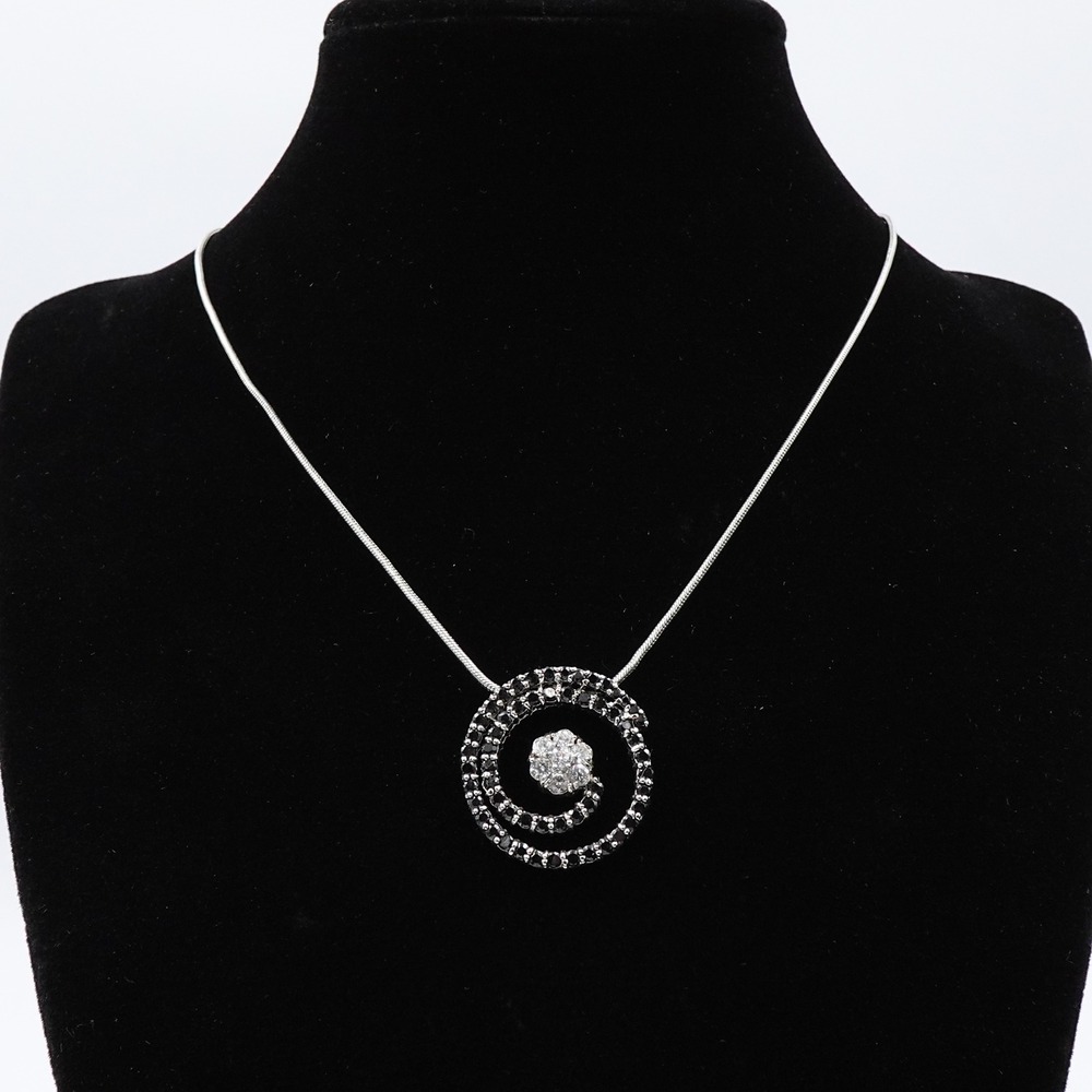 VTG Kiam Family Rhinestone Spiral Necklace Silver Tone Black Swirl Pendant